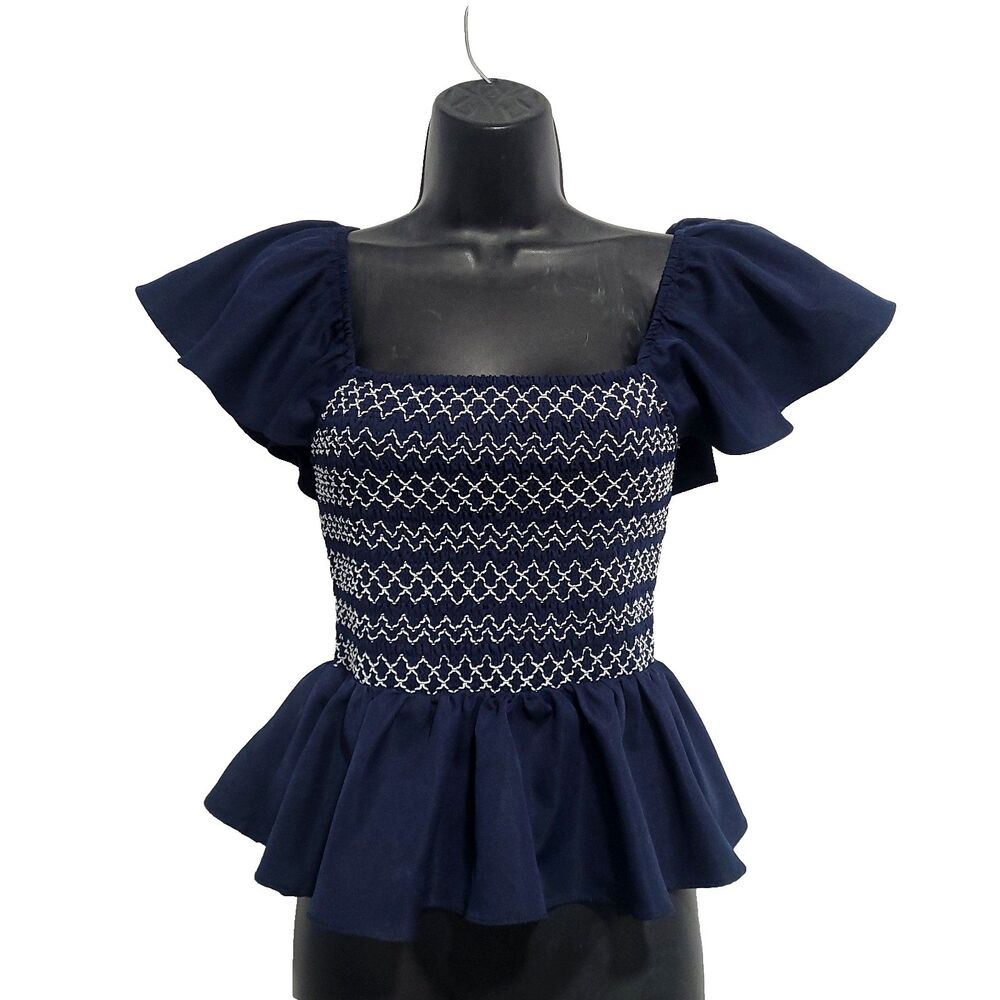 Ruched Peplum Milkmaid‎ Top Idem Ditto Navy Blue Flutter Sleeve Stretch Feminine